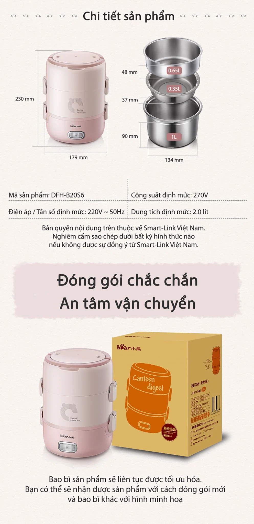 Hộp cơm điện cầm tay đa năng Bear DFH-B20S6,2.0 lít, inox 304