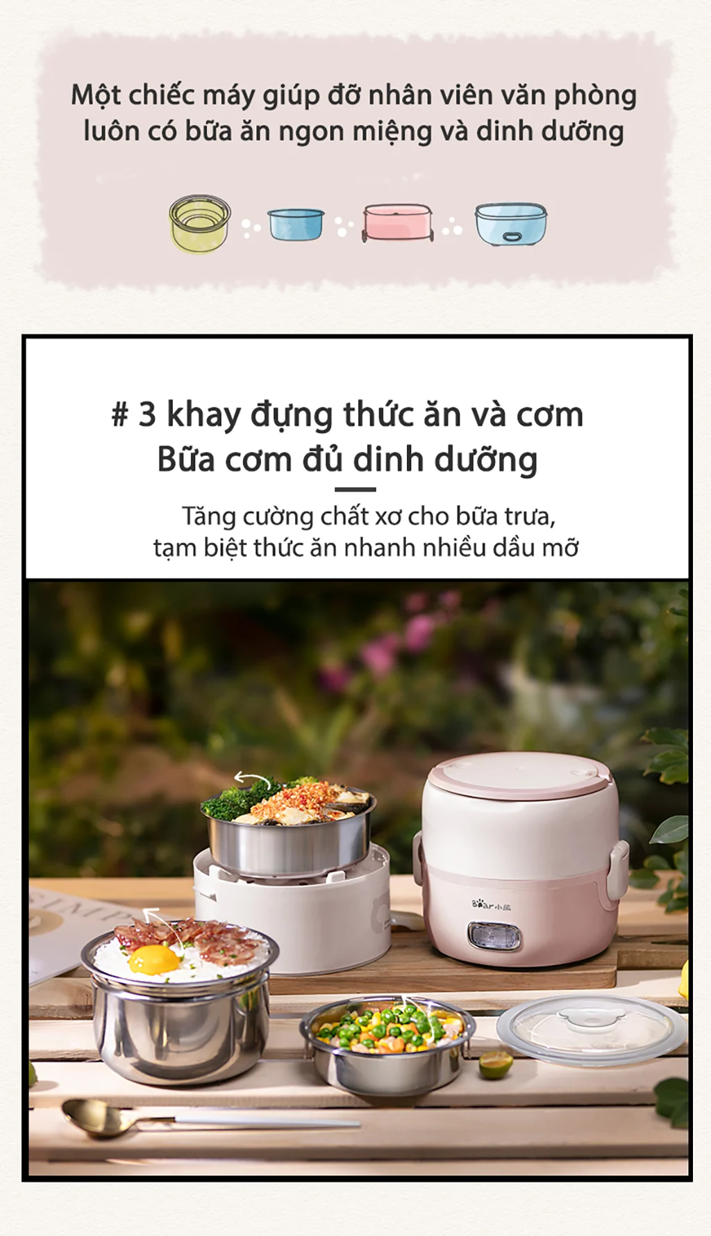 Hộp cơm điện cầm tay đa năng Bear DFH-B20S6,2.0 lít, inox 304